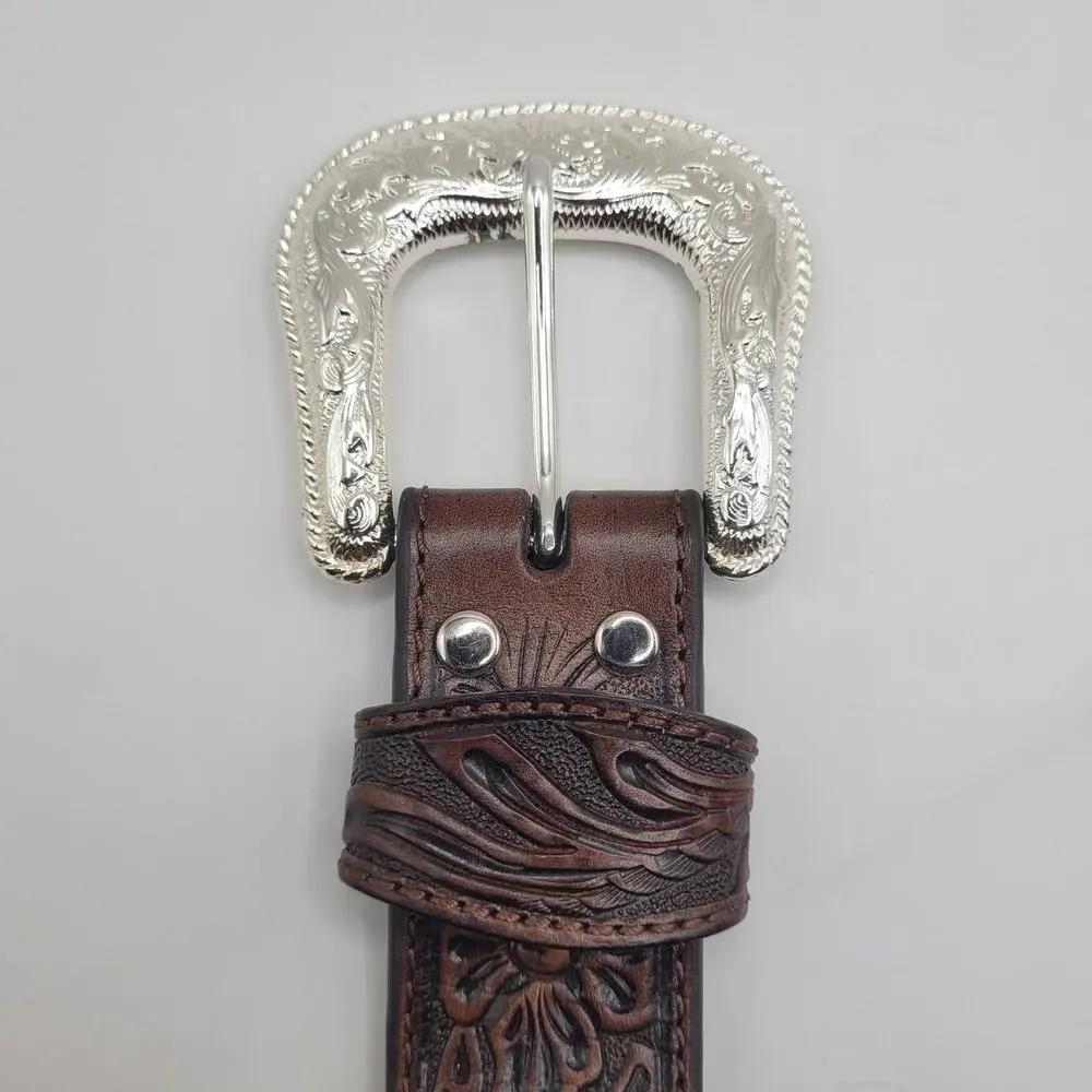 Nocona Belt Mens 42 Brown Leather Tooled Floral‎ Western Cowboy Silver Buckle